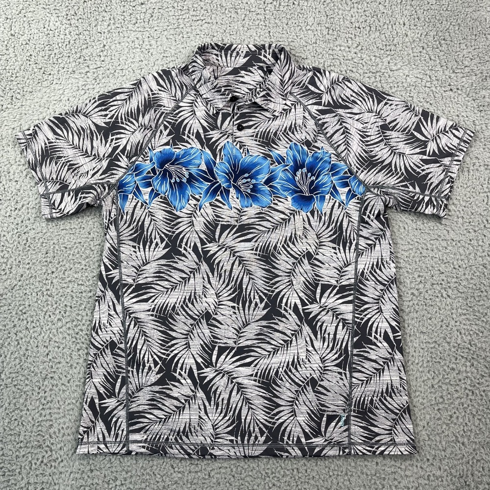 Tommy Bahama Mens Large IslandZone Borderline Hibiscus Polo Shirt Gray Floral